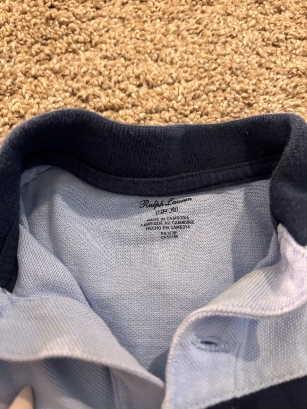 Ralph Lauren Baby Polo Romper in Navy, Light Blue & White Trim